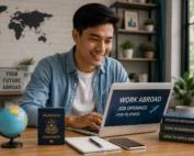 Filipino professional searching for legitimate work abroad jobs using a laptop while preparing documents for overseas employment opportunities.