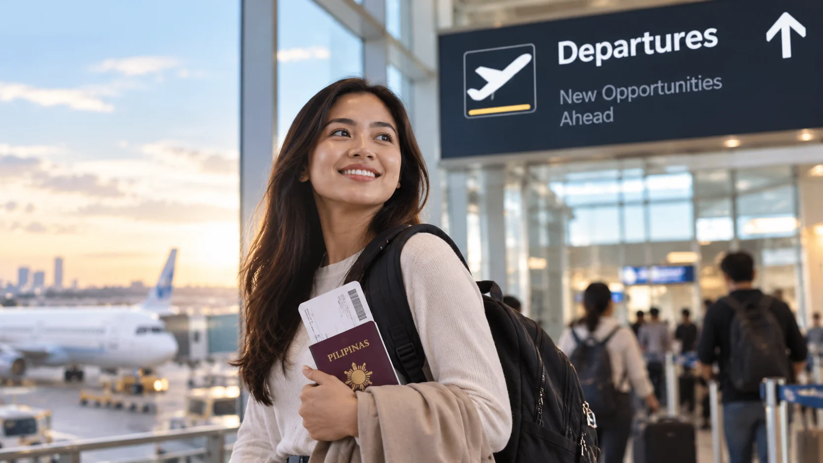 Filipino professional preparing to work abroad at an airport